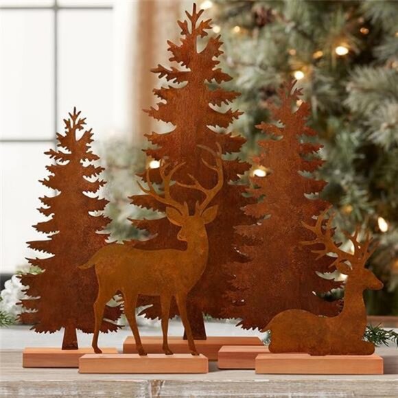 5pcs Metal Rusty Christmas Trees and Elk Decor, Vintage...